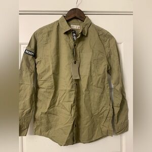 NWT ZARA Boys Khaki Brown Green You Ready? Button Up Casual Shirt Top 11-12